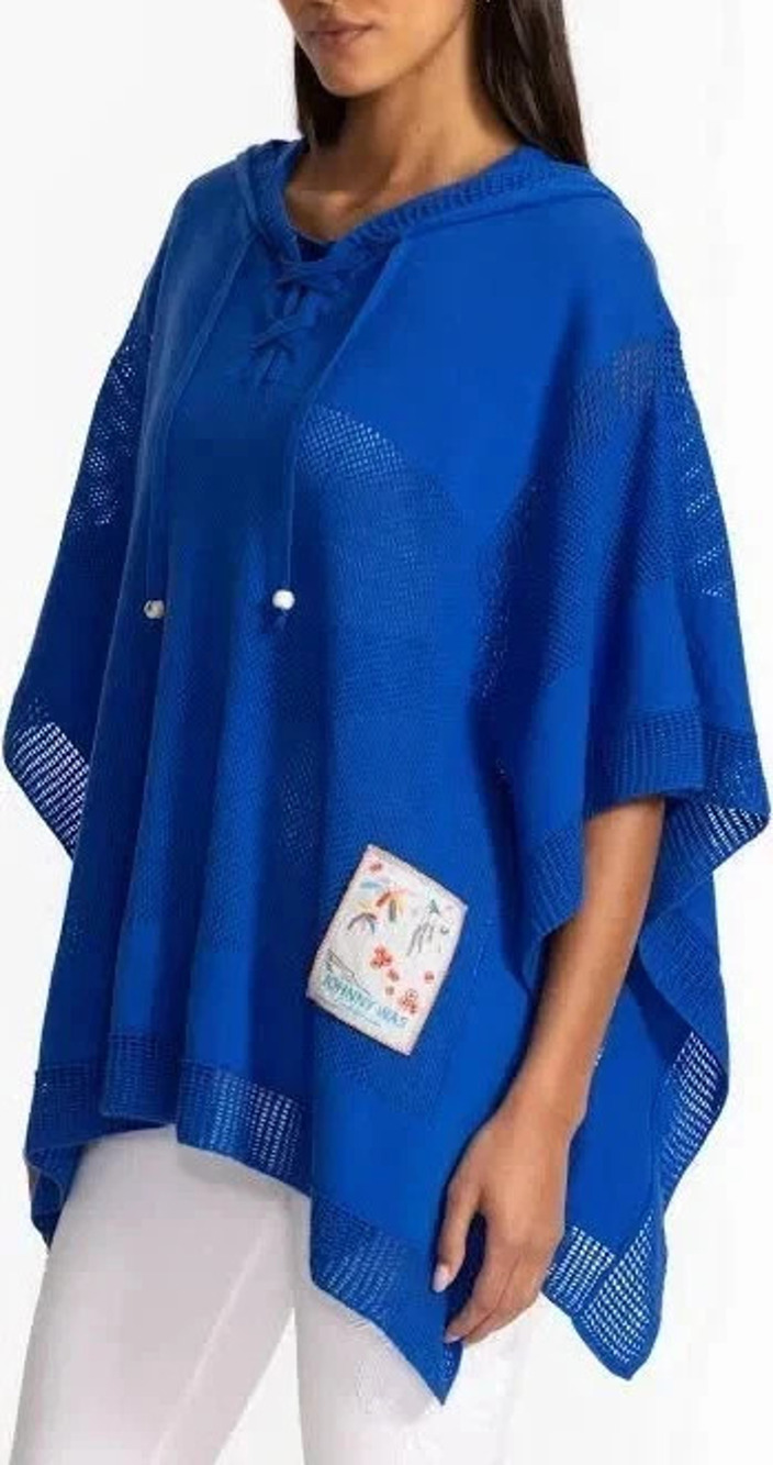 Johnny Was Malibu Breeze Poncho Cashmere Blend Blue Hooded Lace Up One Size NEW